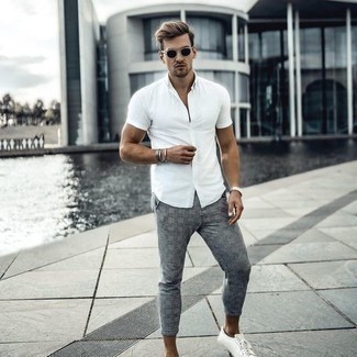Men's White Short Sleeve Shirt, Grey Plaid Chinos, White Canvas Low Top ...
