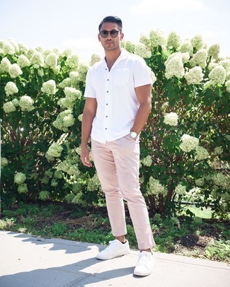 Pink Polo Gray T-Shirt Gray Belt White Pants White Shoes - Men's Fashion  For Less