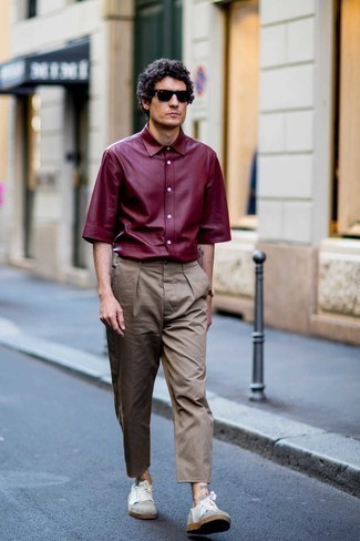 Red Watch Outfits For Men: To don a casual outfit with a street style take, consider wearing a burgundy short sleeve shirt and a red watch. A pair of white canvas low top sneakers will dress up any ensemble.