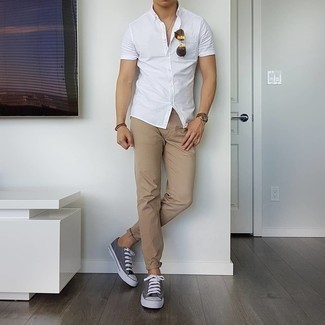 Men's White Short Sleeve Shirt, Khaki Chinos, Charcoal Canvas Low Top Sneakers, Gold Sunglasses
