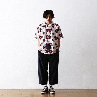 Men's White Floral Short Sleeve Shirt, Black Chinos, Black and White Canvas Low Top Sneakers, Black Leather Watch