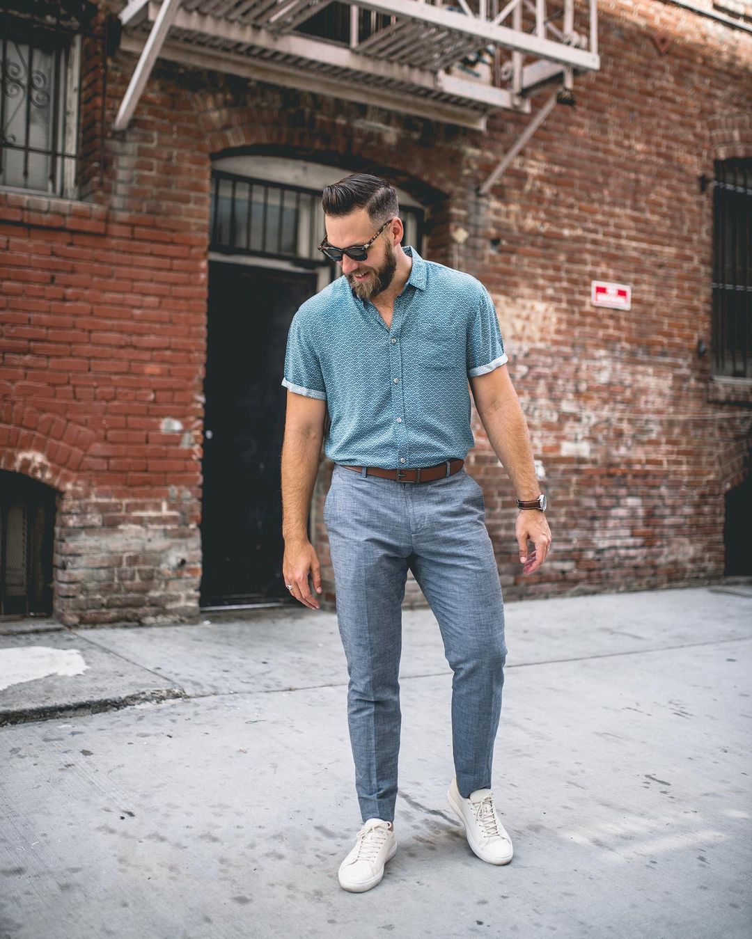 Men's Light Blue Print Short Sleeve Shirt, Light Blue Linen Chinos