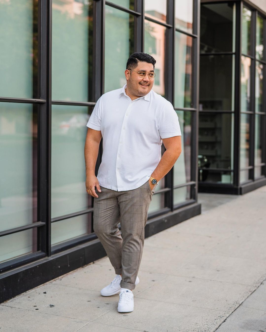 Men's White Short Sleeve Shirt, Brown Check Chinos, White Canvas