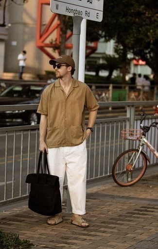 Tan Suede Sandals Outfits For Men: If you love casual style, why not consider this pairing of a brown short sleeve shirt and white chinos? Complement this getup with tan suede sandals to inject an air of stylish effortlessness into this outfit.