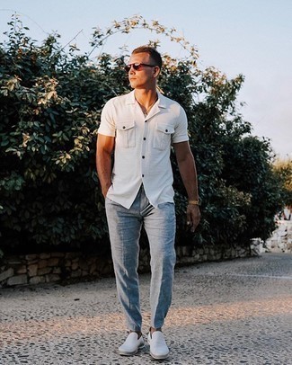Aquamarine Chinos Outfits: If you prefer casual style, why not consider teaming a white short sleeve shirt with aquamarine chinos? A pair of white canvas slip-on sneakers will be the perfect complement to this look.