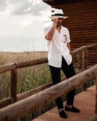 White Straw Hat Outfits For Men: Extremely stylish and functional, this combo of a white linen short sleeve shirt and a white straw hat provides with variety. Go ahead and complement your outfit with a pair of black suede tassel loafers for a touch of class.