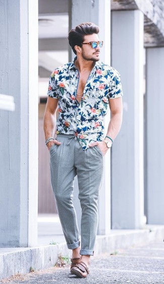 Men's Blue Floral Short Sleeve Shirt, Grey Wool Chinos, Brown Leather Tassel Loafers, Aquamarine Sunglasses