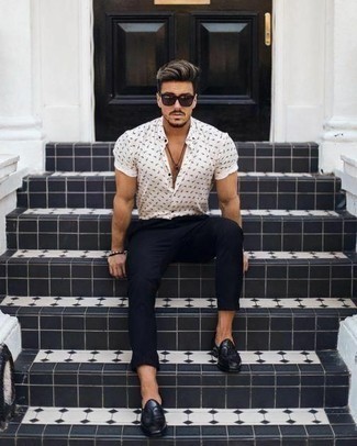 White Paisley Short Sleeve Shirt Outfits For Men: A white paisley short sleeve shirt and navy chinos are indispensable menswear must-haves if you're piecing together a casual closet that matches up to the highest sartorial standards. Introduce black leather tassel loafers to this outfit to instantly turn up the classy factor of your ensemble.