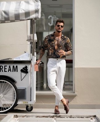 Brown Leather Tassel Loafers Outfits: If the situation allows off-duty dressing, pair a black print short sleeve shirt with white chinos. You can get a little creative with shoes and complement this outfit with brown leather tassel loafers.