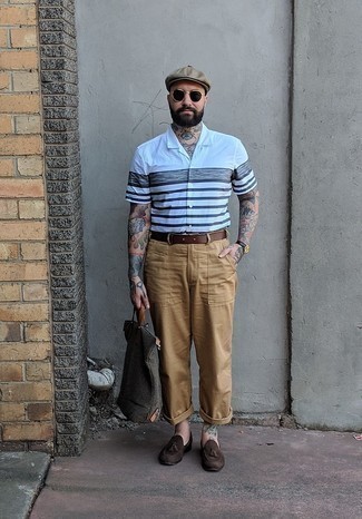 Men's White Horizontal Striped Short Sleeve Shirt, Khaki Chinos, Dark Brown Suede Tassel Loafers, Charcoal Canvas Tote Bag