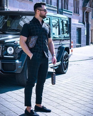 Men's Navy Check Short Sleeve Shirt, Navy Check Chinos, Navy Suede Tassel Loafers, Dark Brown Leather Fanny Pack