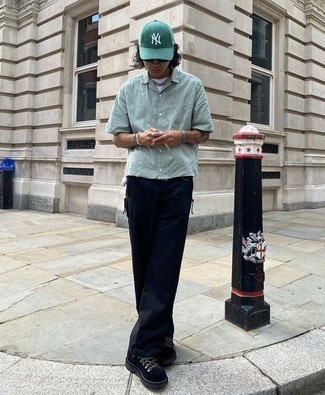 Men's White and Green Vertical Striped Short Sleeve Shirt, White Crew-neck T-shirt, Navy Cargo Pants, Black Suede Work Boots