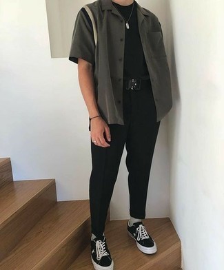 Men's Charcoal Short Sleeve Shirt, Black Crew-neck T-shirt, Black Chinos, Black and White Canvas Low Top Sneakers