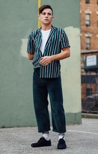 Men's Teal Vertical Striped Short Sleeve Shirt, White Crew-neck T-shirt, Teal Corduroy Chinos, Black Canvas Low Top Sneakers