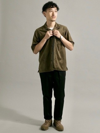 Brand Skinny Shirt In Khaki Jersey With Grandad Collar And Short Sleeves