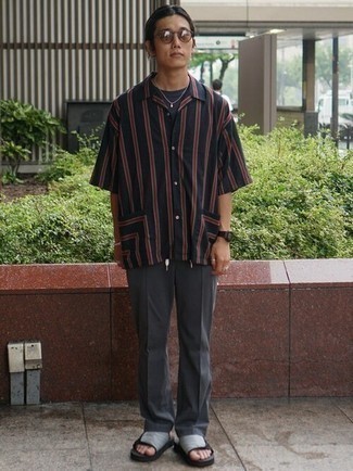 Men's Black Vertical Striped Short Sleeve Shirt, Black Crew-neck T-shirt, Charcoal Chinos, Grey Canvas Sandals