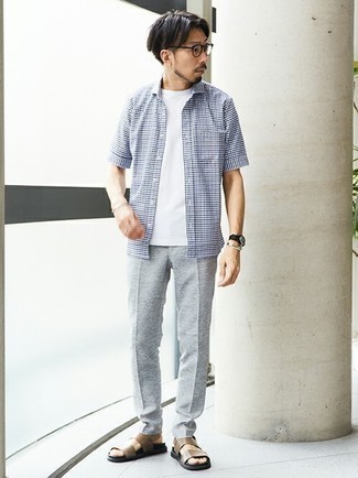 Men's Navy and White Gingham Short Sleeve Shirt, White Crew-neck T-shirt, Grey Chinos, Brown Leather Sandals