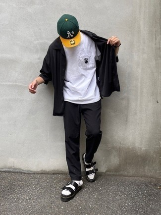 Olive Baseball Cap Outfits For Men: This is definitive proof that a black short sleeve shirt and an olive baseball cap are amazing when matched together in a street style getup. You can get a bit experimental when it comes to footwear and introduce black leather sandals to the mix.