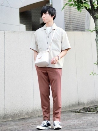 Men's Beige Short Sleeve Shirt, White Crew-neck T-shirt, Brown Chinos, Black and White Canvas Low Top Sneakers