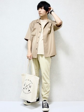 Men's Tan Short Sleeve Shirt, Beige Crew-neck T-shirt, Beige Chinos, Black and White Canvas Low Top Sneakers