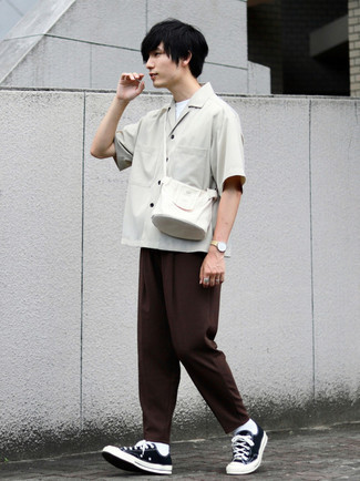 Men's Grey Short Sleeve Shirt, White Crew-neck T-shirt, Dark Brown Chinos, Black and White Canvas Low Top Sneakers