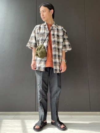 Dark Green Canvas Messenger Bag Outfits: If you use a more relaxed approach to menswear, why not choose a white plaid short sleeve shirt and a dark green canvas messenger bag? Don't know how to round off? Add black canvas sandals to the equation to switch things up.