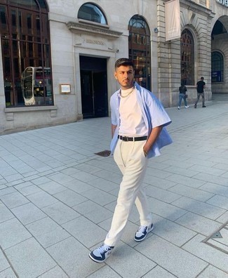 White Chinos Outfits: Why not wear a light blue short sleeve shirt and white chinos? These pieces are totally practical and look awesome worn together. For something more on the daring side to finish this look, add a pair of white and navy leather high top sneakers to the equation.