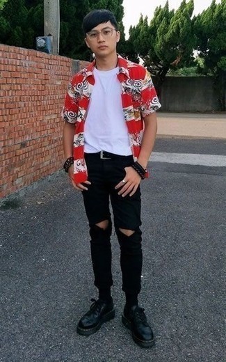 Men's Red Print Short Sleeve Shirt, White Crew-neck T-shirt, Black Ripped Jeans, Black Chunky Leather Derby Shoes