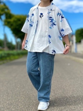 Men's White and Navy Floral Short Sleeve Shirt, White and Navy Print Crew-neck T-shirt, Light Blue Jeans, White Athletic Shoes