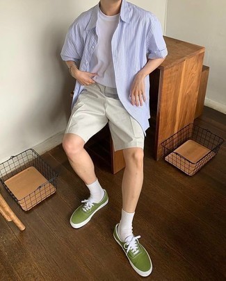 Men's Light Blue Vertical Striped Short Sleeve Shirt, White Crew-neck T-shirt, Grey Shorts, Olive Canvas Low Top Sneakers