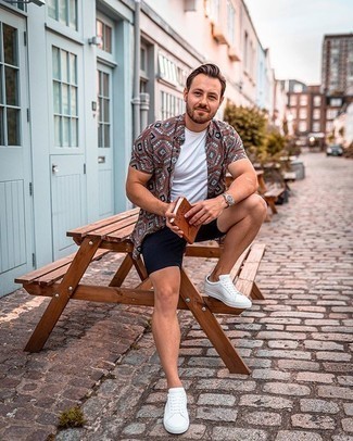 Men's Multi colored Print Short Sleeve Shirt, White Crew-neck T-shirt, Navy Shorts, White Canvas Low Top Sneakers