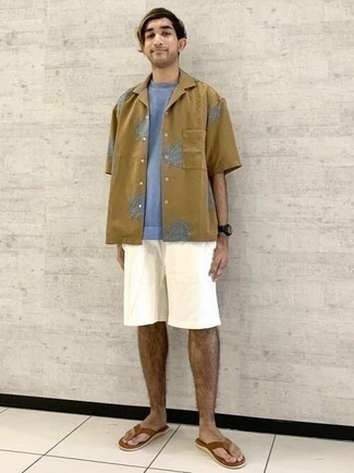Tobacco Leather Flip Flops Outfits For Men: A tan print short sleeve shirt and white shorts are a good combo worth having in your daily casual rotation. You can get a bit experimental with footwear and tone down this outfit by wearing a pair of tobacco leather flip flops.