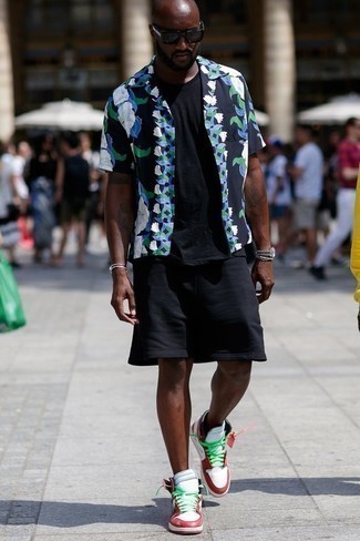 Black Sports Shorts Outfits For Men: This casual combo of a navy floral short sleeve shirt and black sports shorts is perfect when you need to look cool but have no extra time. We're totally digging how cohesive this outfit looks when rounded off with a pair of white and red leather high top sneakers.