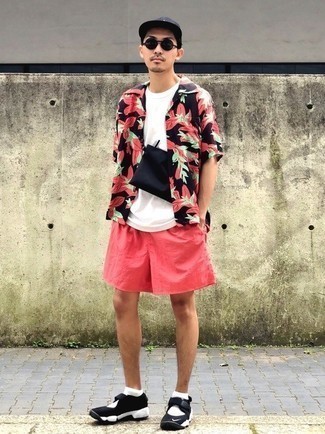 Hot Pink Sports Shorts with Black Sneakers Outfits For Men (2