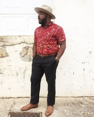 Brown Leather Loafers Outfits For Men: This combo of a red floral short sleeve shirt and black dress pants comes in handy when you need to look effortlessly sleek but have no time. Let your styling credentials really shine by complementing your look with brown leather loafers.