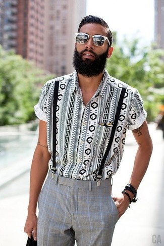 White Geometric Short Sleeve Shirt Outfits For Men: Pairing a white geometric short sleeve shirt and grey check dress pants is a guaranteed way to inject a classy touch into your styling routine.