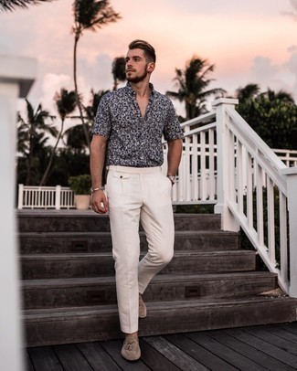 Men's Black and White Floral Short Sleeve Shirt, White Dress Pants, Beige Suede Tassel Loafers, Silver Watch