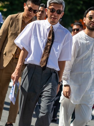 Men's White Short Sleeve Shirt, Grey Dress Pants, Brown Horizontal Striped Tie, Dark Brown Sunglasses