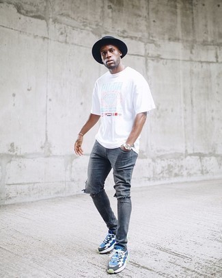 Men's White Print Short Sleeve Shirt, Charcoal Ripped Jeans, White and Blue Athletic Shoes, Black Wool Hat