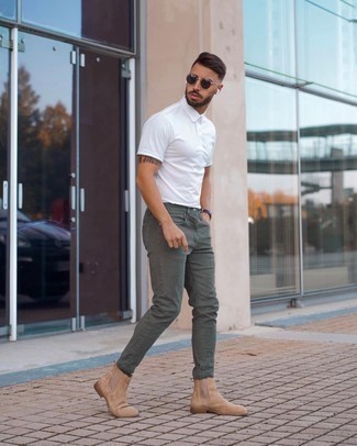 Dark Green Pants with White Shirt Smart Casual Spring Outfits For Men: Reach for a white shirt and dark green pants for a casual kind of polish. Up the classiness of your ensemble a bit by rocking tan suede chelsea boots. So if you're on the lookout for a comfortable transition outfit, this one fits the task well.