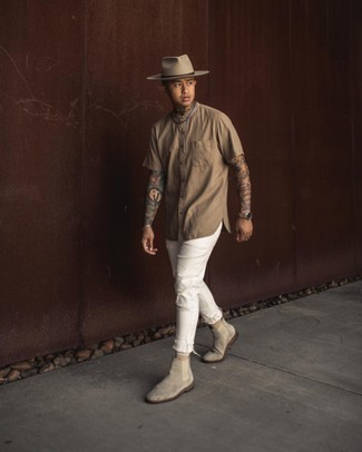 Tan Short Sleeve Shirt Outfits For Men: This pairing of a tan short sleeve shirt and white ripped jeans makes for the ultimate casual style for any modern guy. For a more polished vibe, why not complement this getup with grey suede chelsea boots?