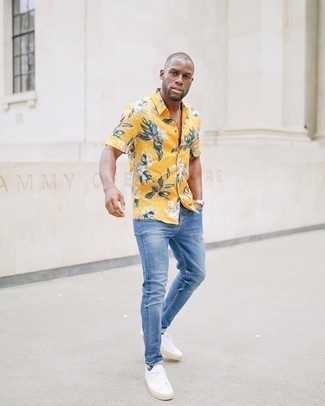 Men's Mustard Floral Short Sleeve Shirt, Blue Jeans, White Canvas Low Top Sneakers, Silver Watch