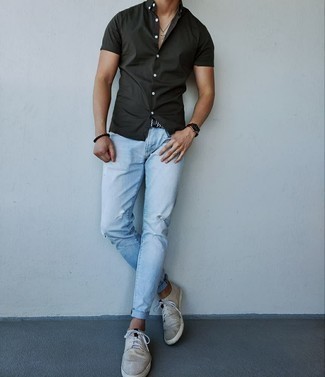 Men's Dark Green Short Sleeve Shirt, Light Blue Ripped Jeans, Grey Canvas Low Top Sneakers, Black and White Woven Canvas Belt