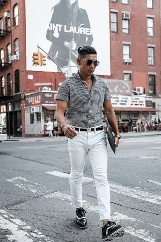 Charcoal Sunglasses Outfits For Men: A black and white vertical striped short sleeve shirt and charcoal sunglasses are wonderful menswear staples that will integrate wonderfully within your day-to-day off-duty collection. Add a pair of black and white leather oxford shoes to the equation to switch things up.
