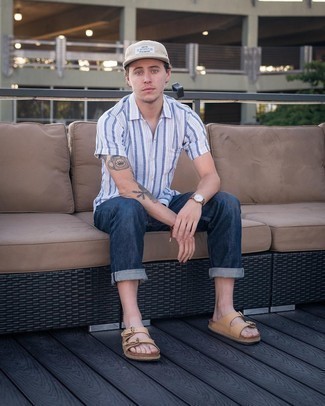 Beige Baseball Cap Outfits For Men: If you're looking for a city casual yet sharp getup, pair a white and blue vertical striped short sleeve shirt with a beige baseball cap. Complement your look with a pair of beige leather sandals to inject an air of stylish casualness into this look.