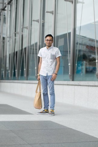 Men's White Print Short Sleeve Shirt, Light Blue Jeans, Multi colored Print Canvas Slip-on Sneakers, Beige Canvas Tote Bag