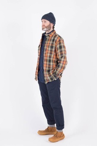 Men's Navy Chambray Short Sleeve Shirt, Multi colored Plaid Long Sleeve Shirt, Navy Chinos, Tan Suede Desert Boots