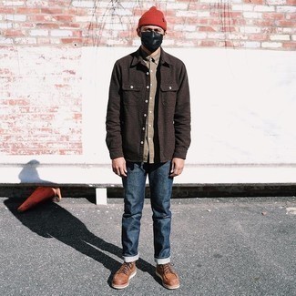 Red Beanie Outfits For Men: Showcase your expertise in men's fashion by pairing a tan short sleeve shirt and a red beanie for an edgy look. Brown leather casual boots will instantly elevate even your most comfortable clothes.