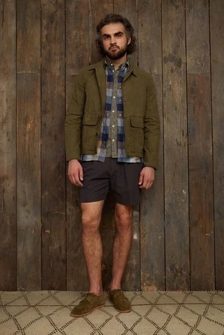 Dark Green Suede Shirt Jacket Outfits For Men: 