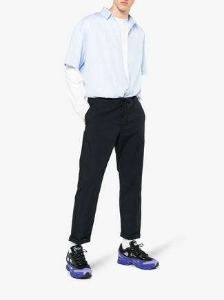 Men's Light Blue Short Sleeve Shirt, White Long Sleeve T-Shirt, Black Chinos, Violet Athletic Shoes